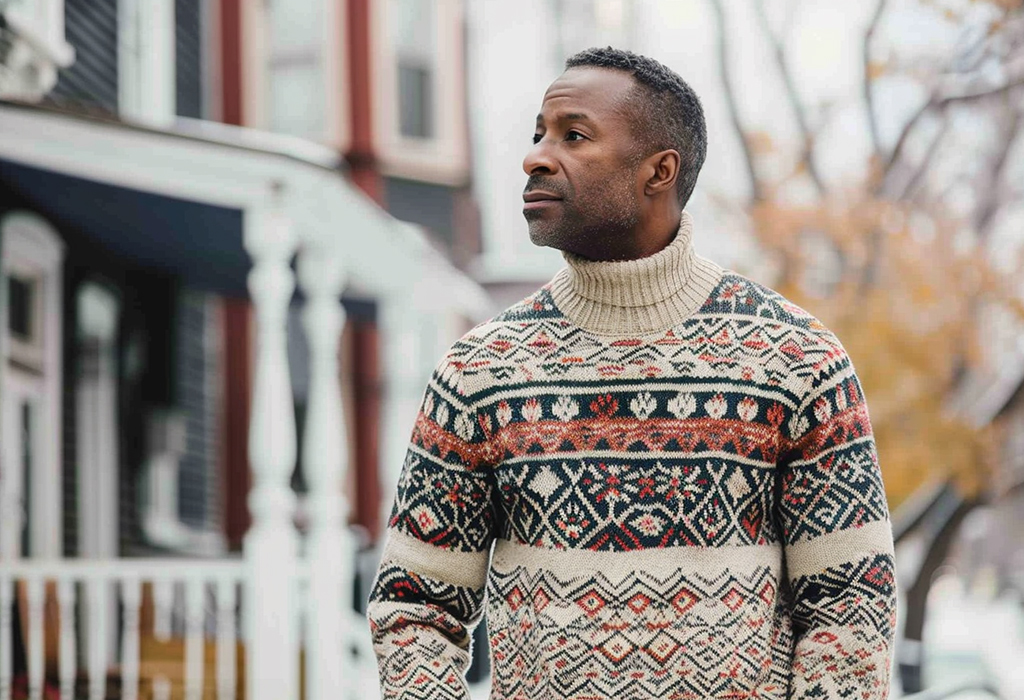 Fair Isle turtleneck sweater worn on chilly street.