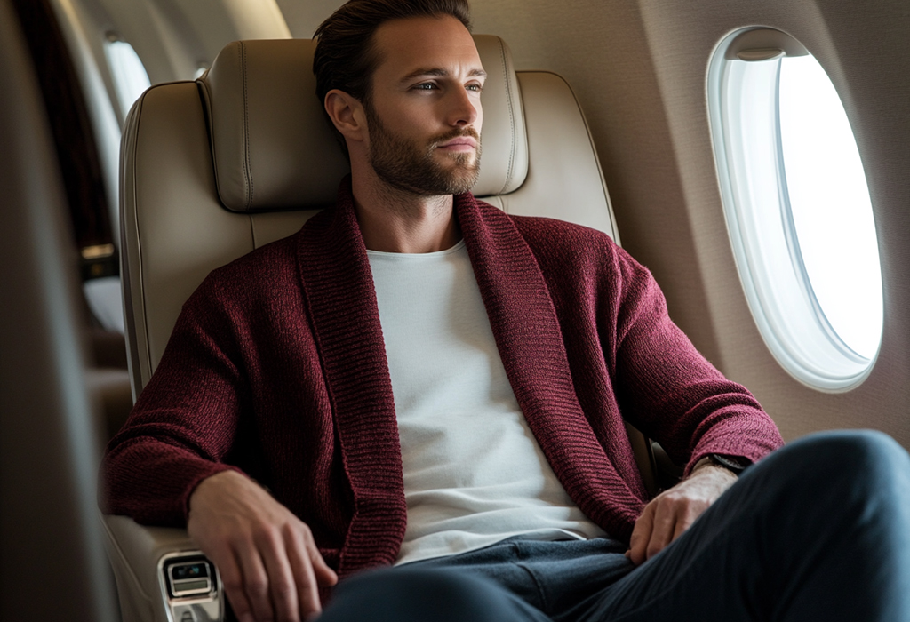 Burgundy shawl cardigan over tee on plane seat.