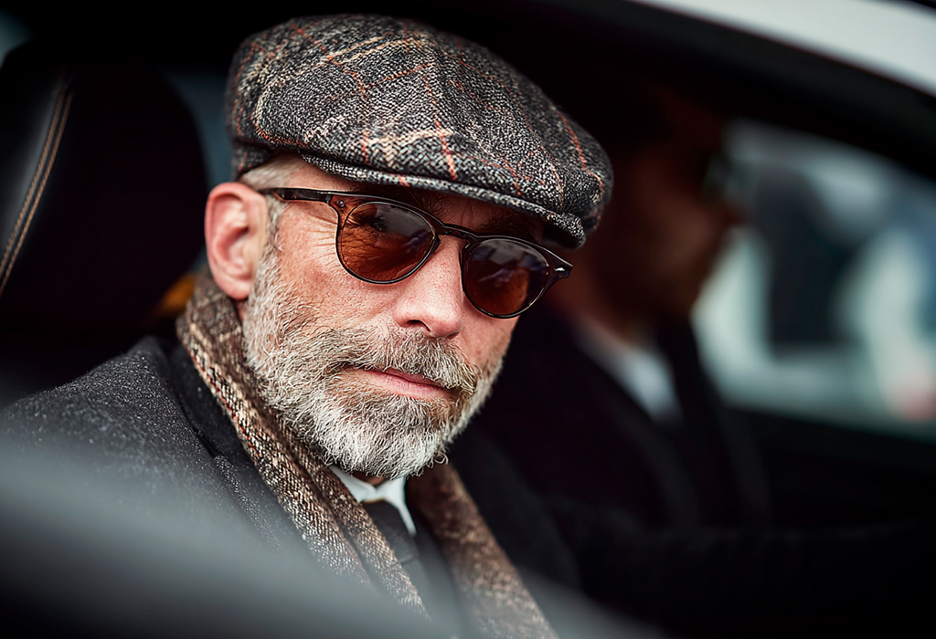 Tweed flat cap, tortoiseshell sunglasses, grey beard - old money style older man