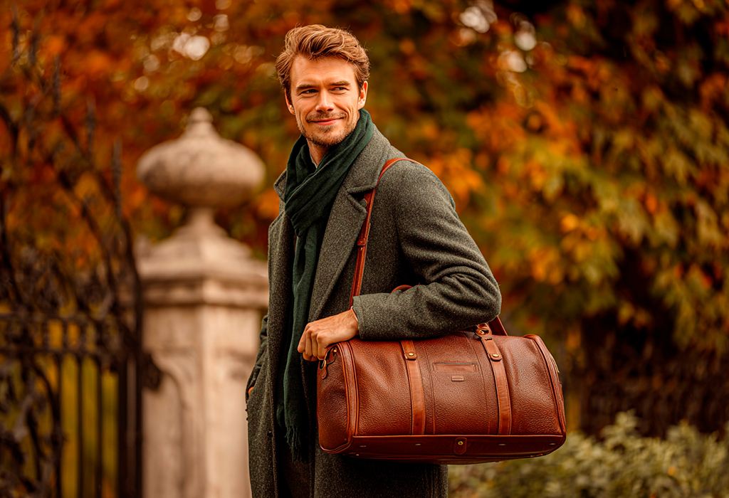 Green overcoat, dark scarf, brown leather weekender bag