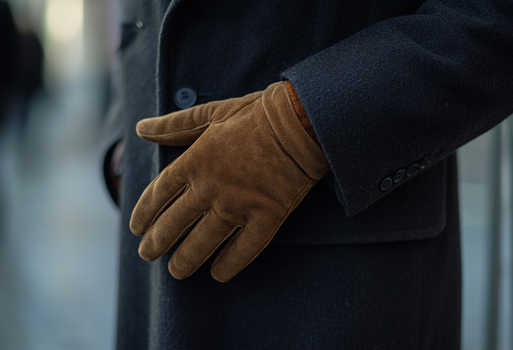 Brown suede gloves under navy wool overcoat sleeve.