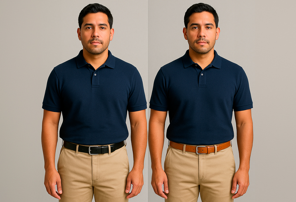 Matching belt and trousers avoid harsh breaks