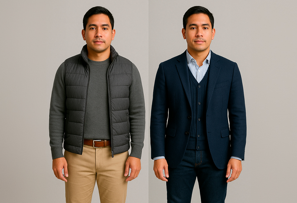 Vertical layers and plackets create taller appearance