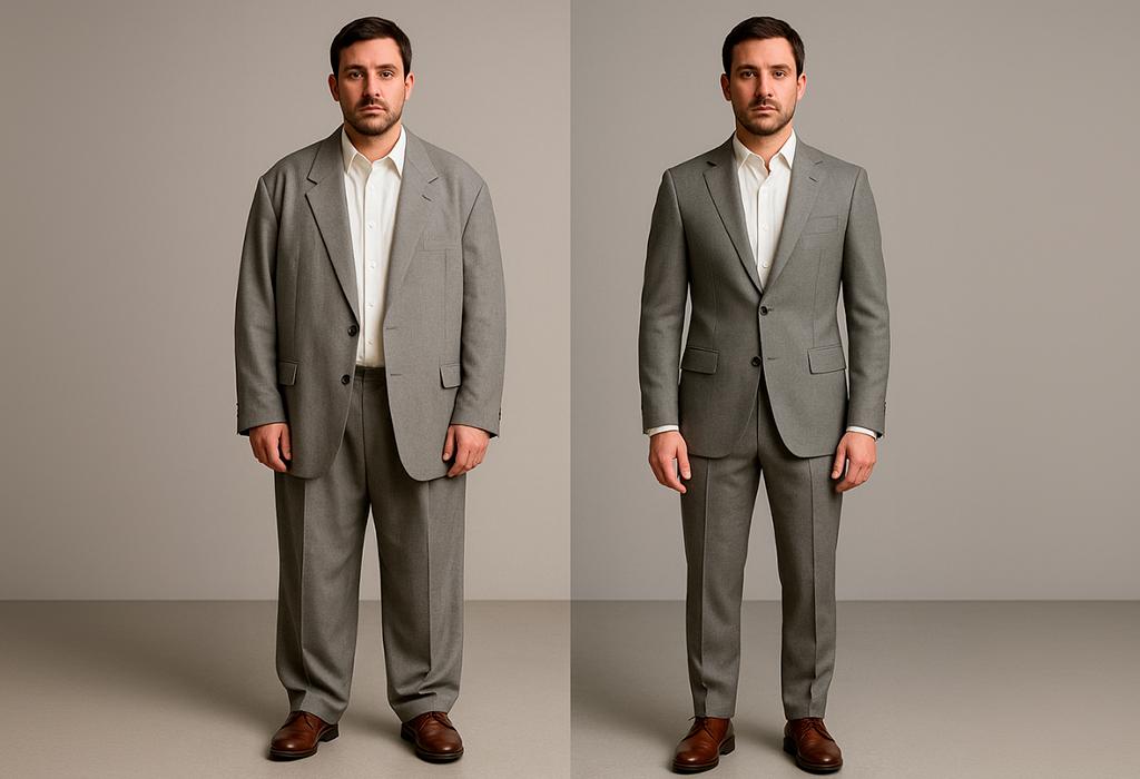 Tailored suit defines and lengthens natural shape