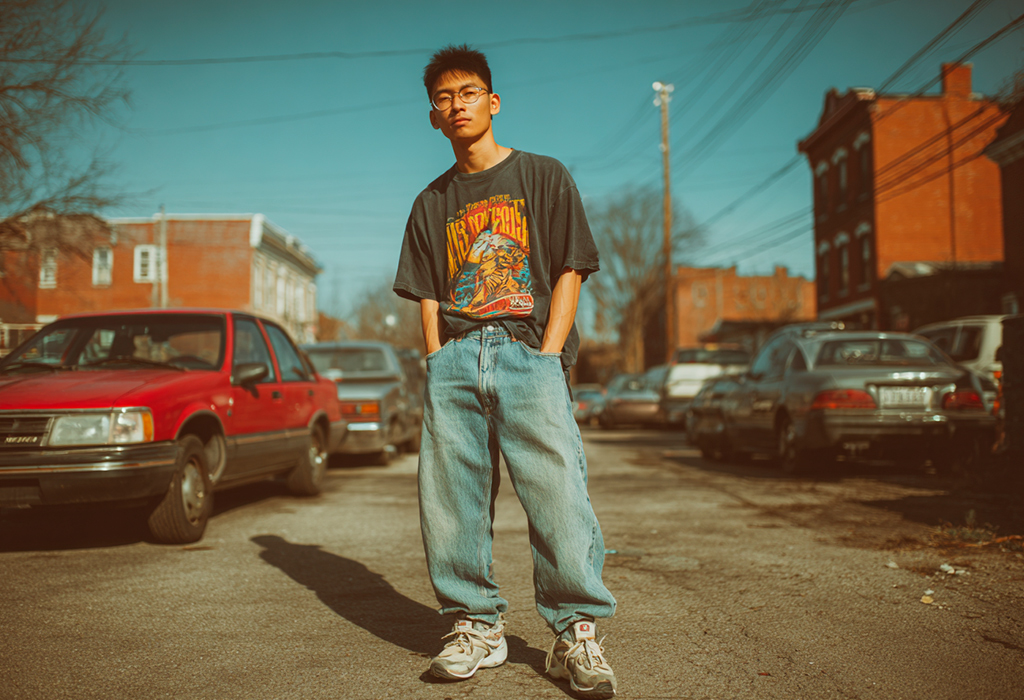 Man in 90s baggy clothes on urban street