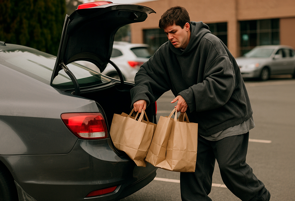 Oversized hoodie restricts man unloading groceries