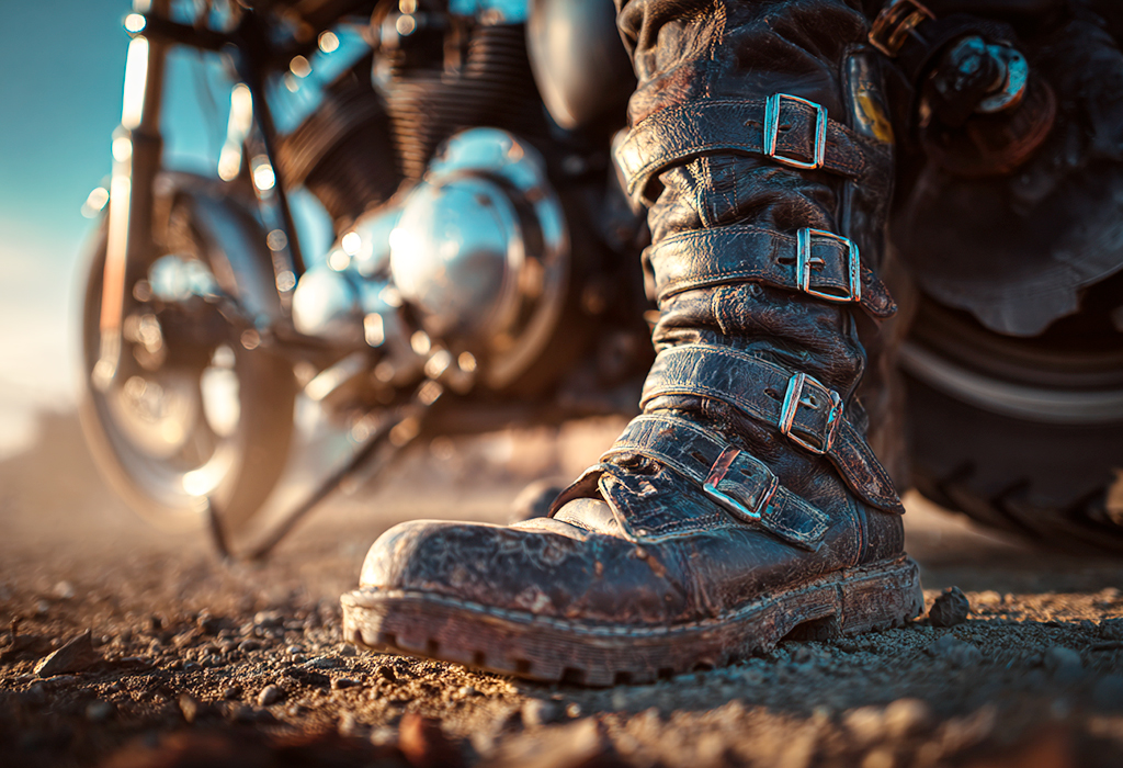 Close-up of worn leather biker boots near motorcycle