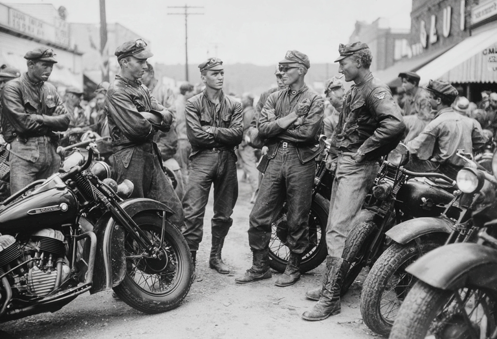 World War II veterans gathered with motorcycles in town