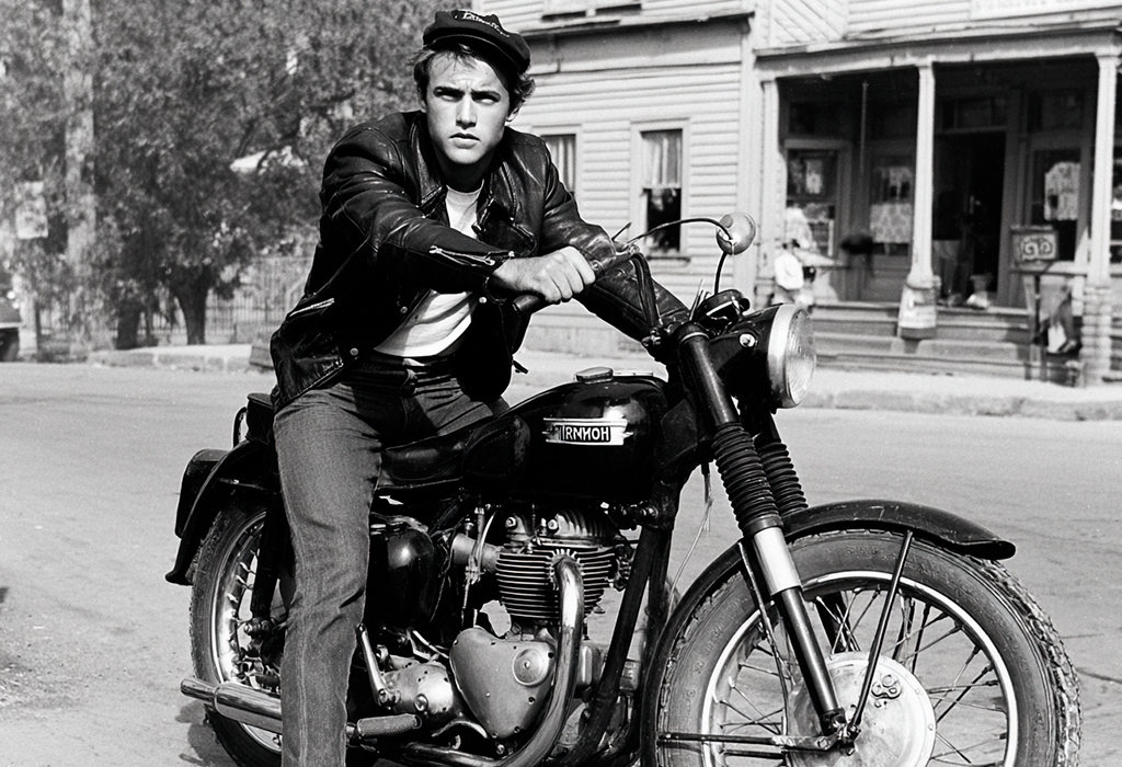 Marlon Brando in leather jacket on motorcycle