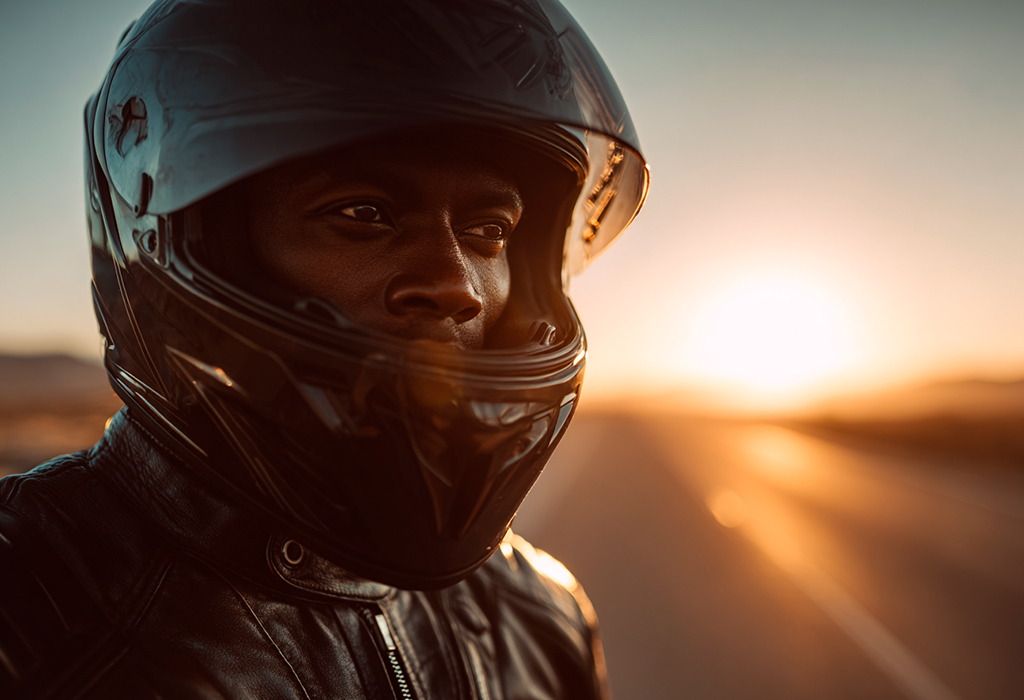 Black man wearing motorcycle helmet at sunset