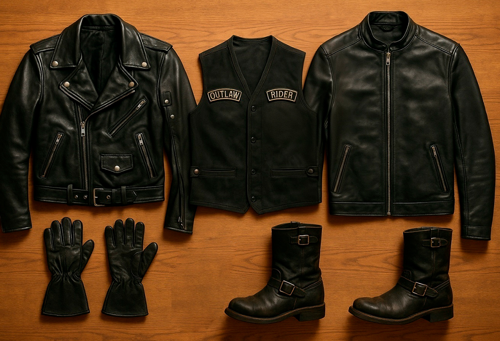 Flat lay of biker jackets, gloves, boots, vest
