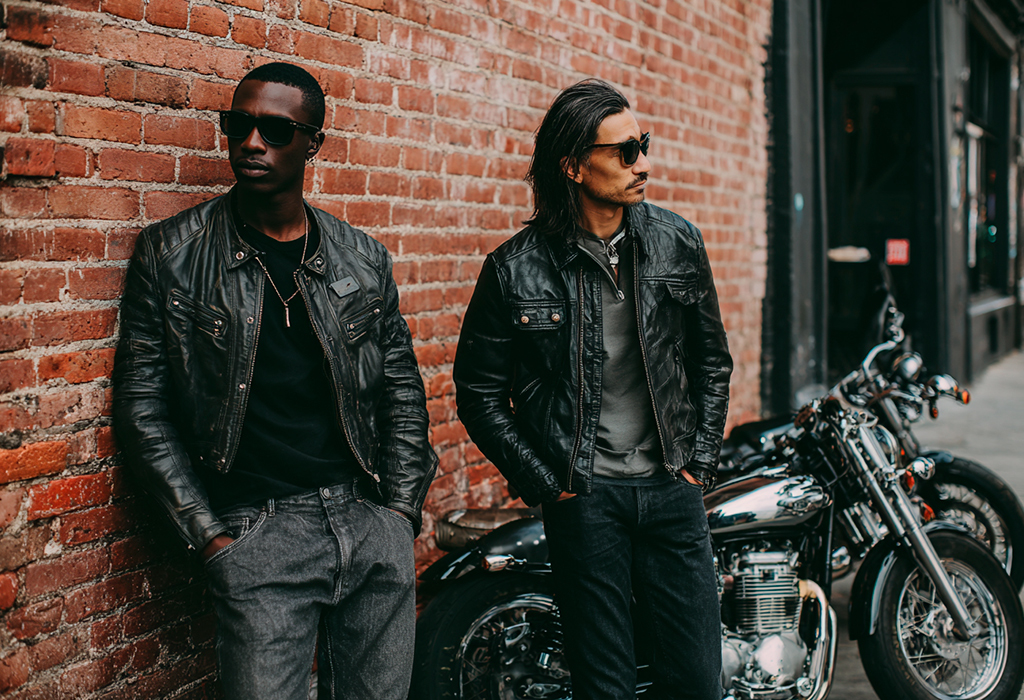 Modern biker leaning on motorcycle in urban street