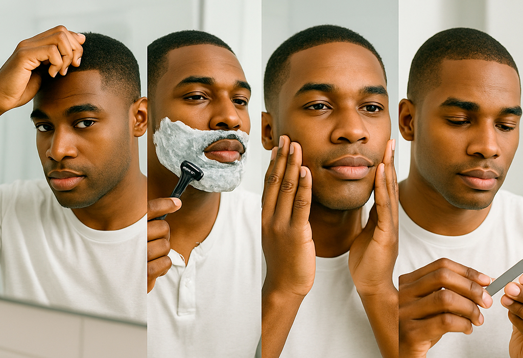 Black man grooming hair, shaving, skincare, nails