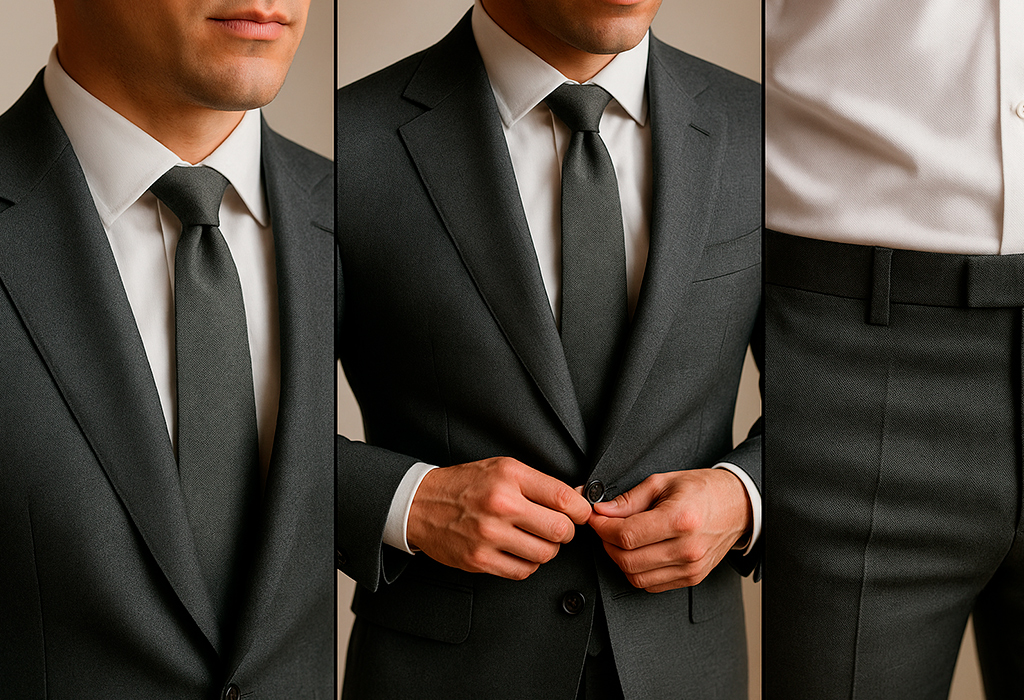 Suit fit close-ups showing proper tailoring details