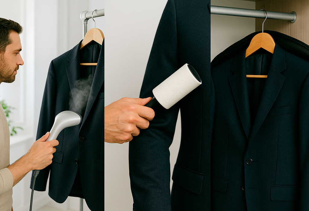 Man steaming, cleaning, and storing dark suit