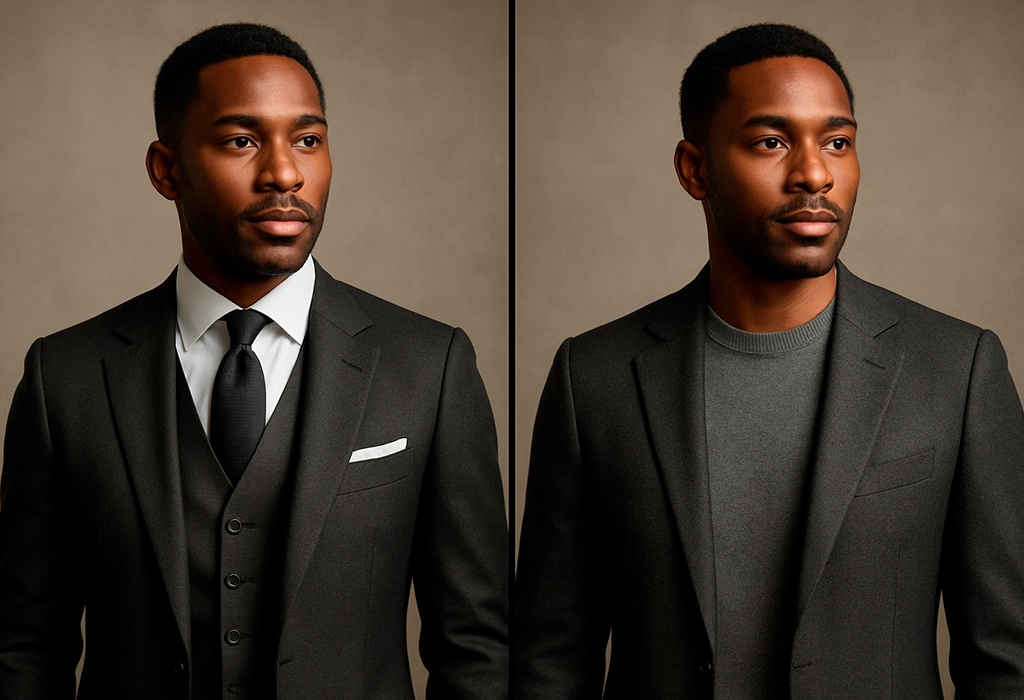 Man styling suit with vest and sweater layers