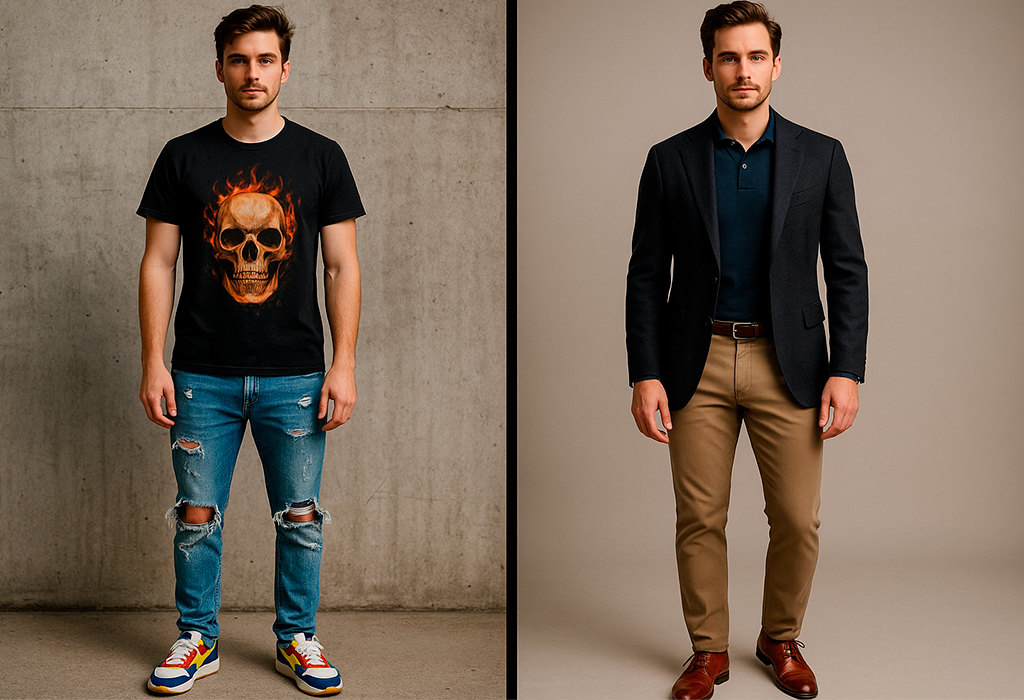 Casual ripped jeans versus smart blazer outfit