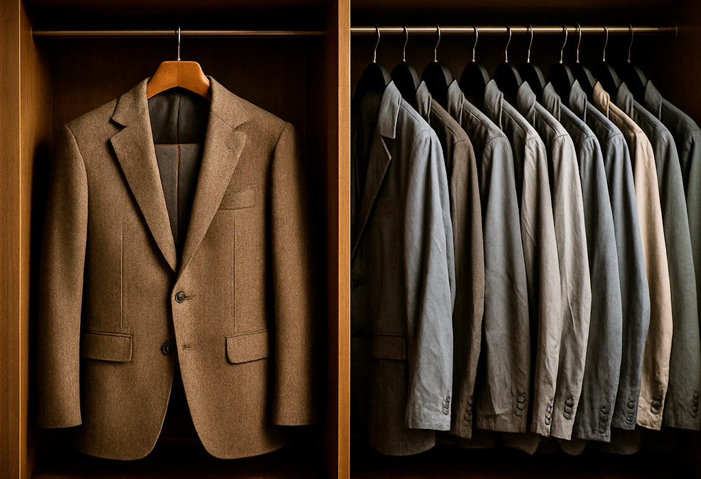Brown blazer and neatly arranged jackets in wardrobe