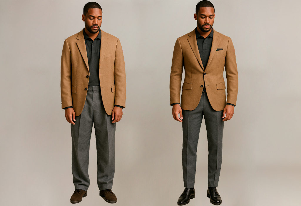 Loose blazer and trousers versus sharp tailored fit