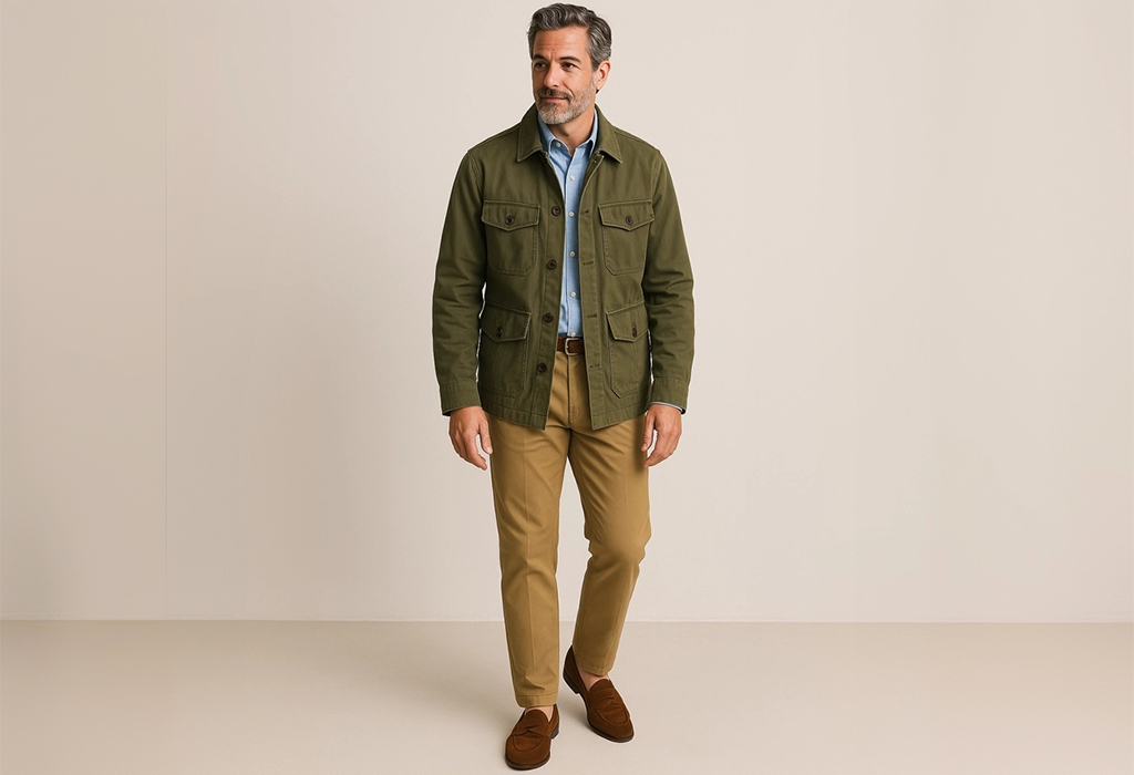 Man in olive jacket and tan chinos