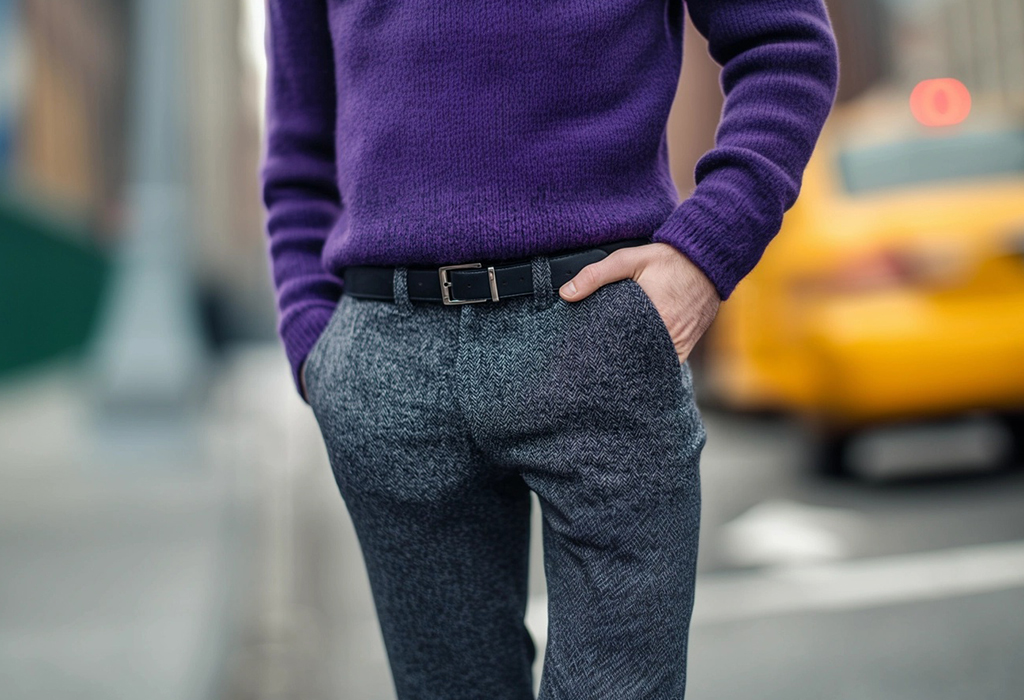 Purple sweater with textured gray herringbone trousers