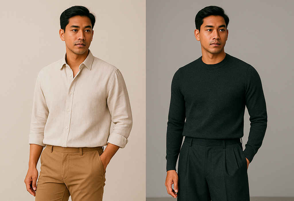 Relaxed shirt with slim chinos versus fitted sweater wide trousers