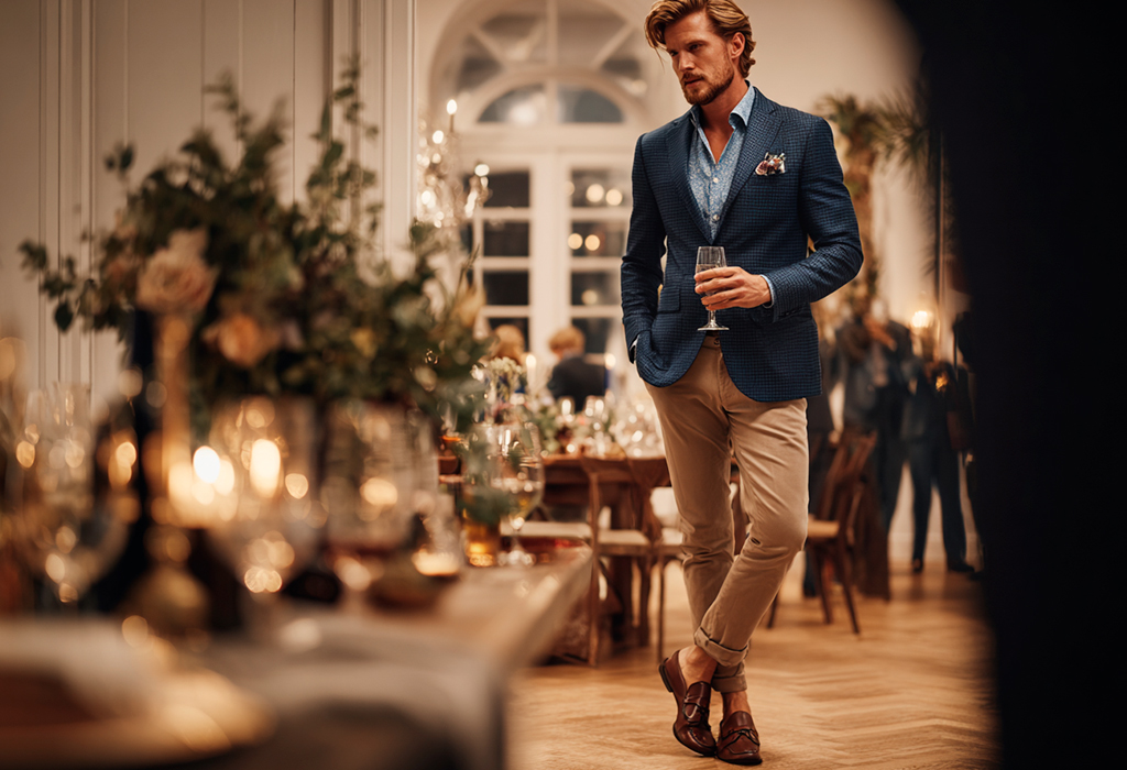 Man in blazer and chinos at classy party