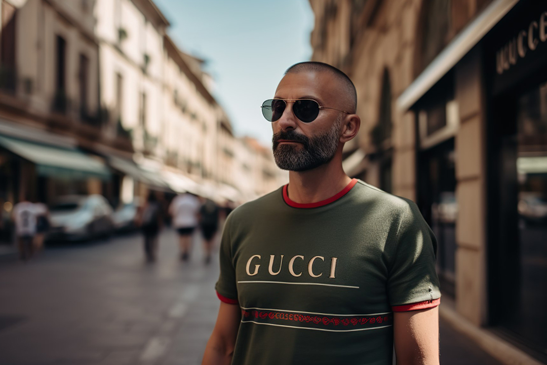 Bald man in Gucci logo shirt outdoors