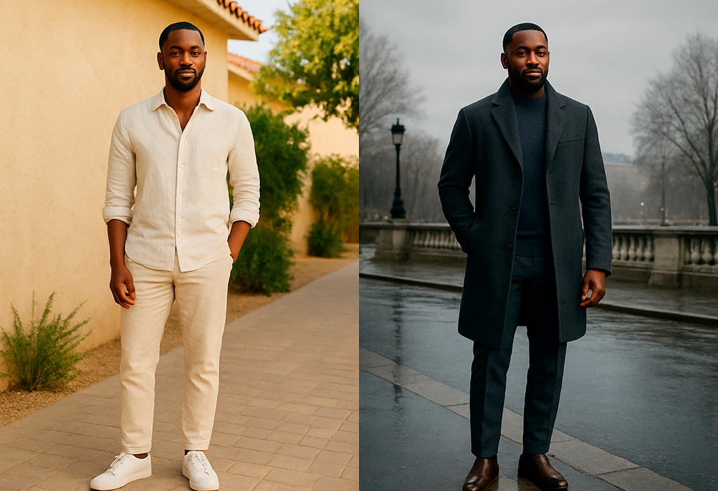 Summer linen shirt with sneakers versus winter wool coat