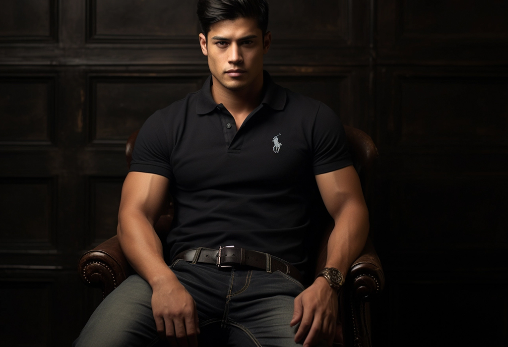 Man in black polo sitting confidently in chair