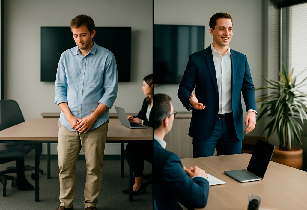 Casually dressed man hesitant, suited man confident in meeting
