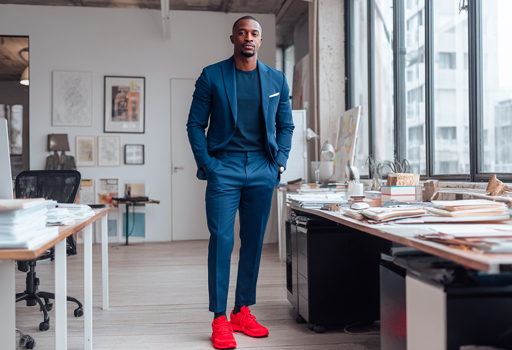 Man in sharp suit with bold red sneakers.