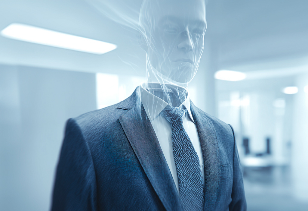 Perfect navy suit worn by semi-transparent ghostlike figure