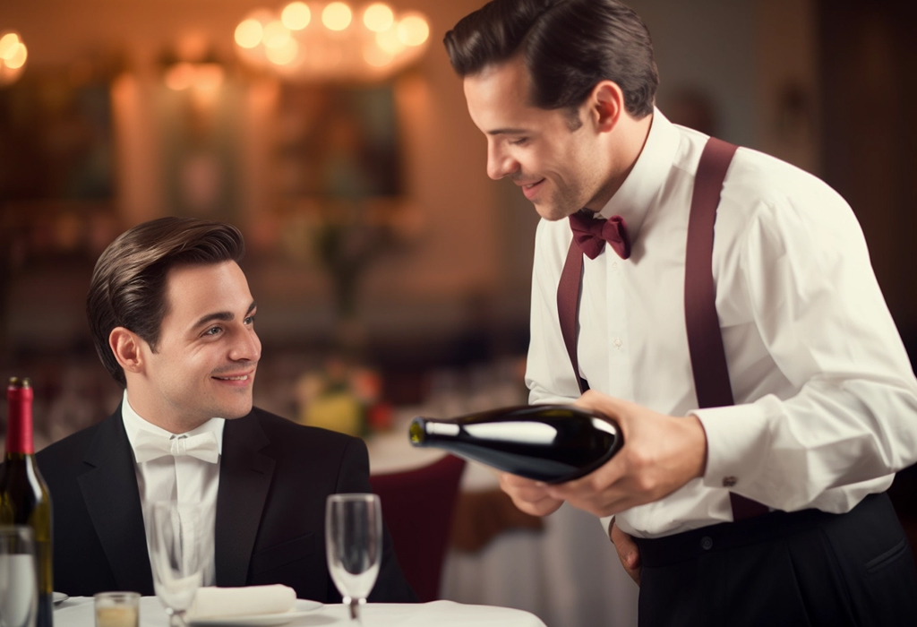 Man in tailored suit served wine at upscale restaurant