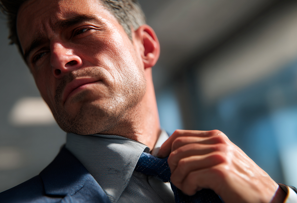Close-up of man loosening tight dress shirt collar