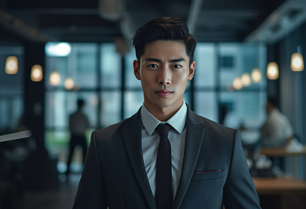 Focused man in sharp suit in modern office