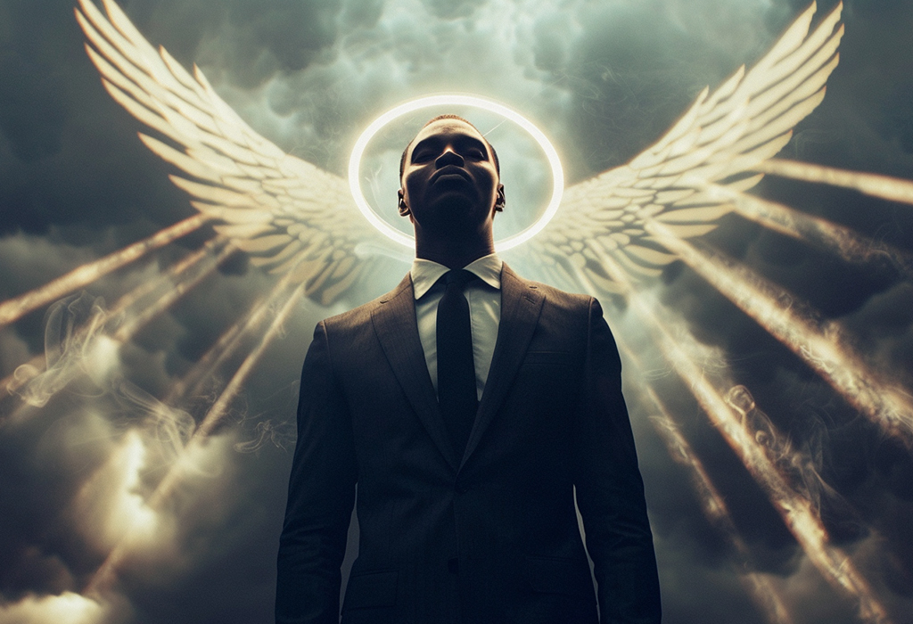 Man in suit with glowing angel wings and halo