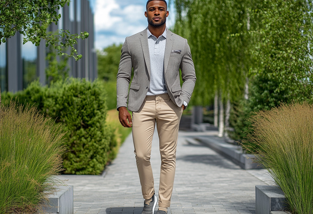 Man in blazer and chinos walking confidently outdoors