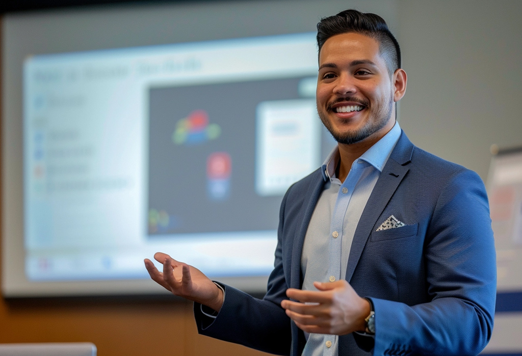 Smiling man in suit giving business presentation