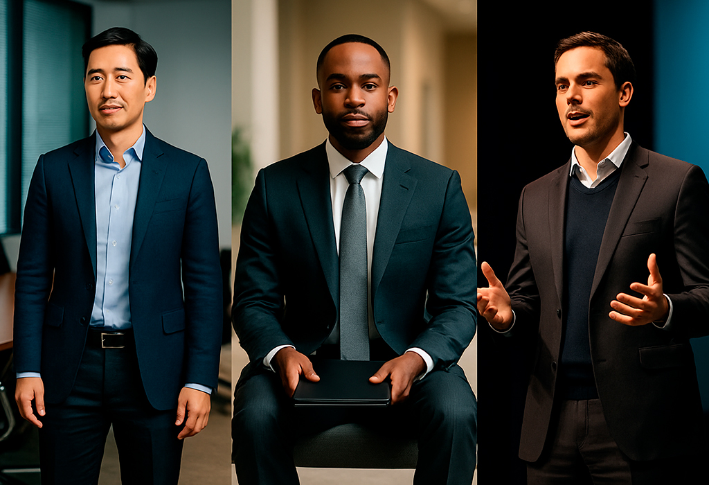 Three men dressed sharply for sales, interview, presentation