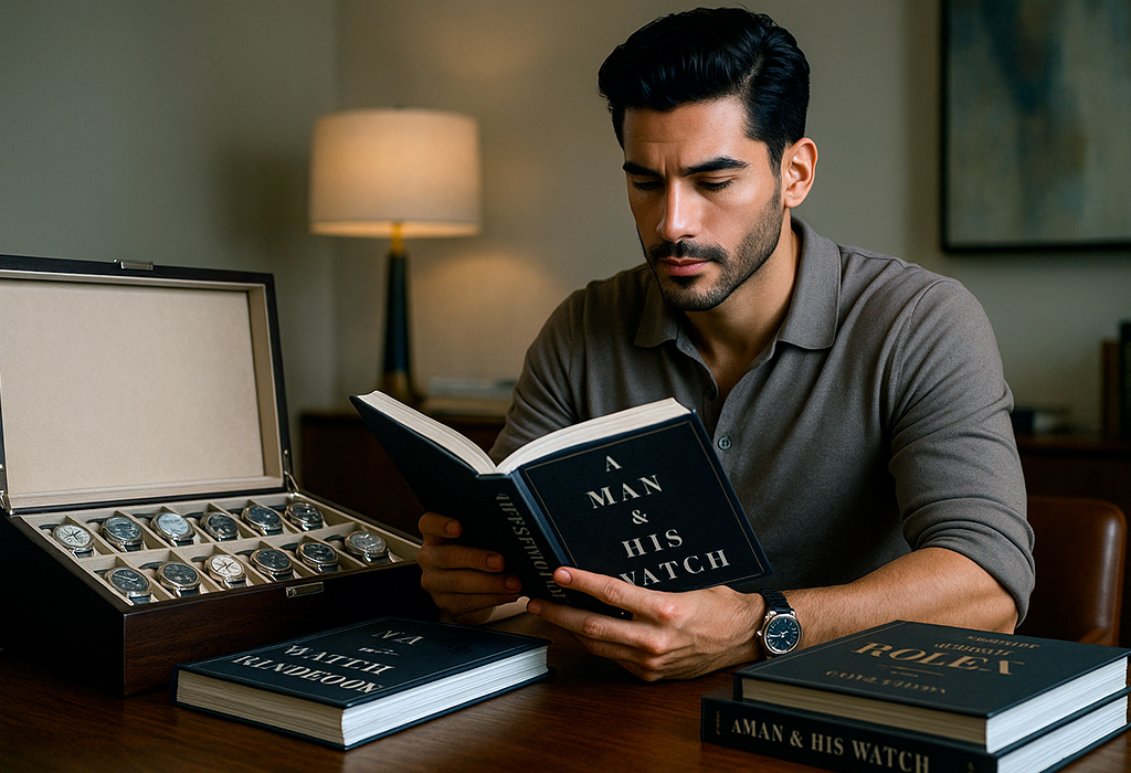Man studies watch book beside luxury collection
