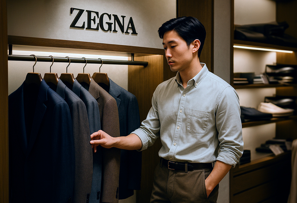 Man in store admiring high-end luxury suits