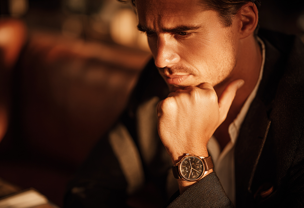 Man in warm lighting admiring vintage wristwatch