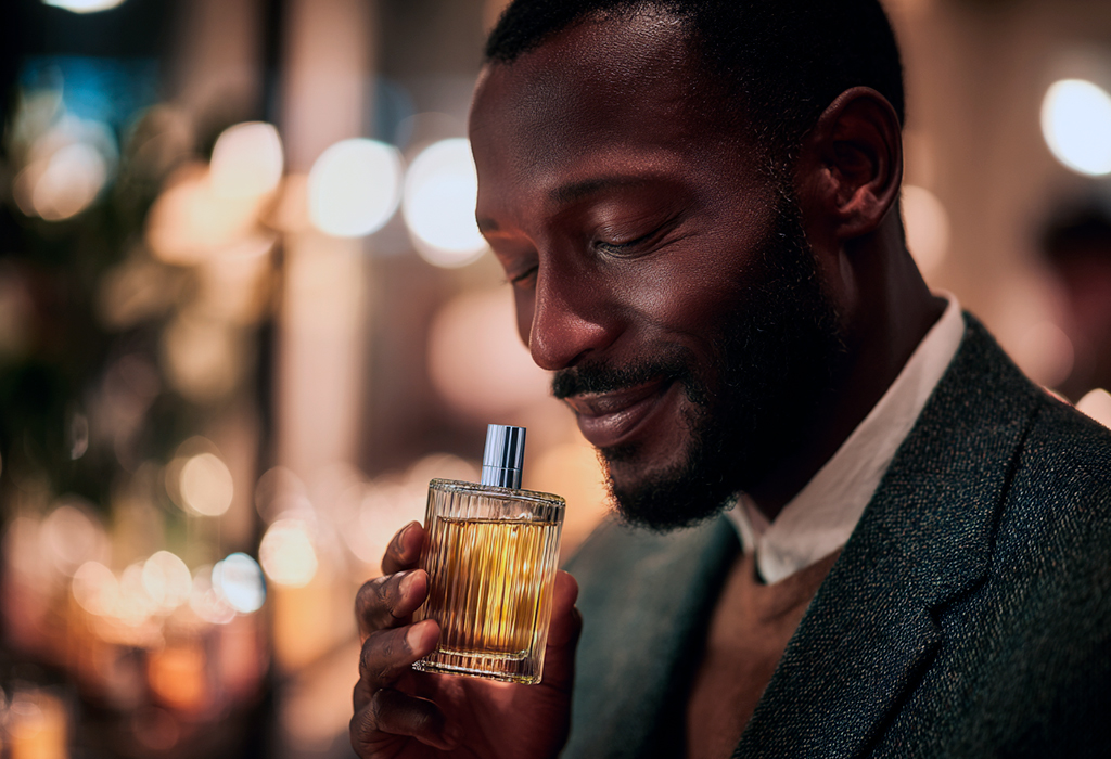 Man enjoying fragrance, smiling with closed eyes
