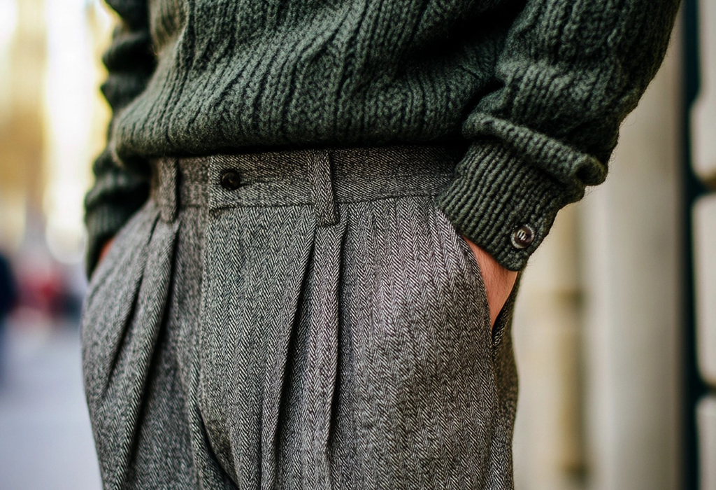 Close-up of gray pleated pants with sweater tucked