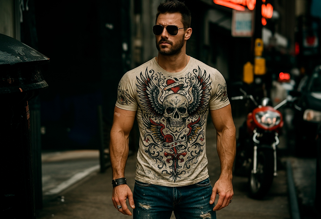Man wearing tight graphic skull t-shirt outdoors