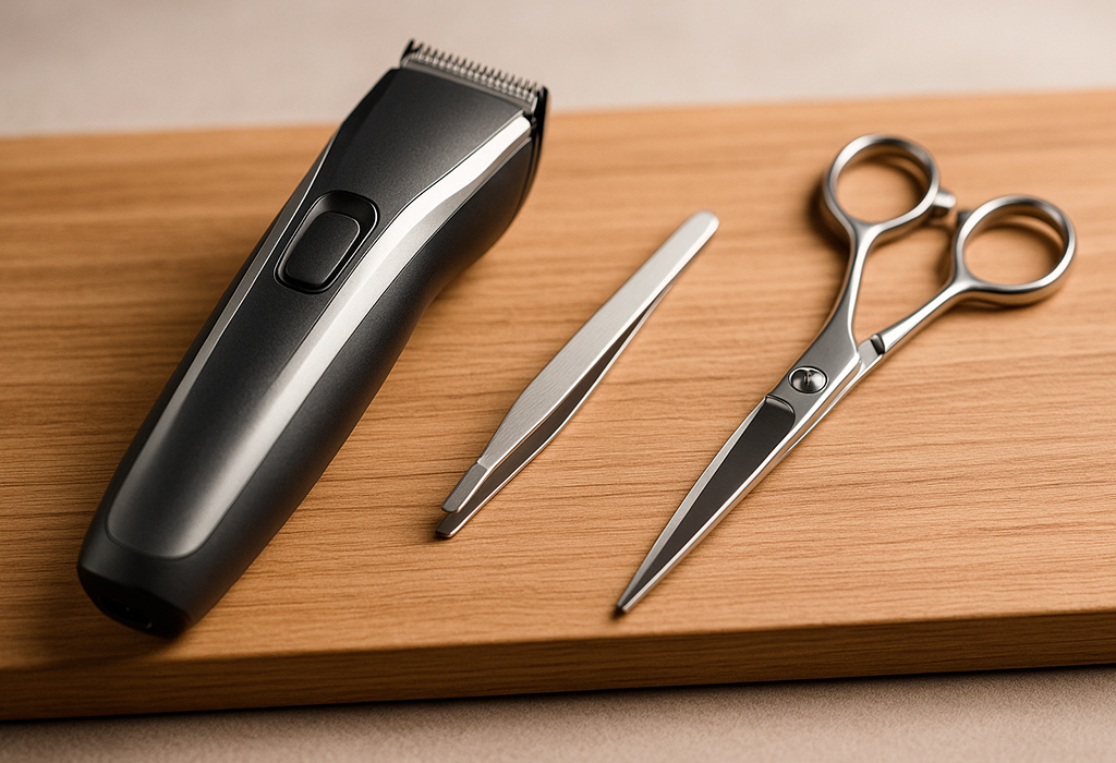 Men’s grooming kit with trimmer, tweezers, and scissors