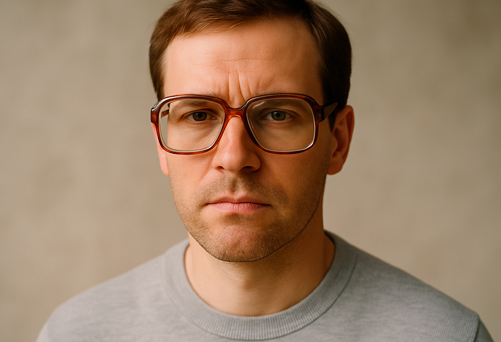 Close-up of man wearing large outdated glasses frames