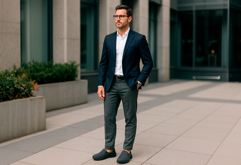 Man in sharp suit wearing bulky orthopedic shoes