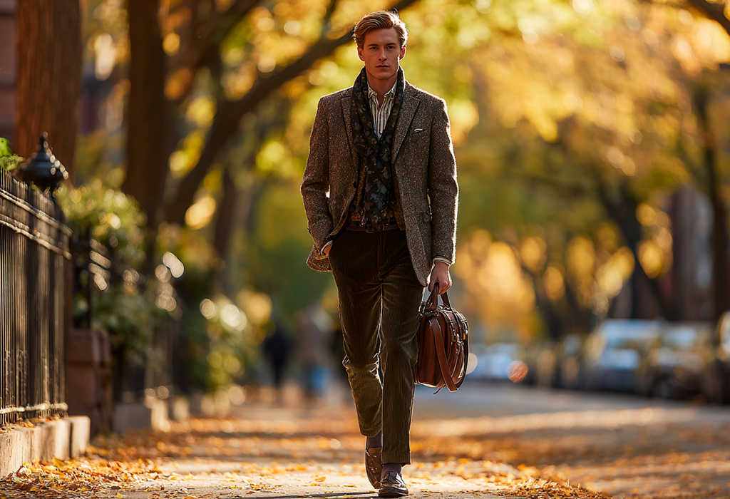 Man in tweed jacket walking city street fall